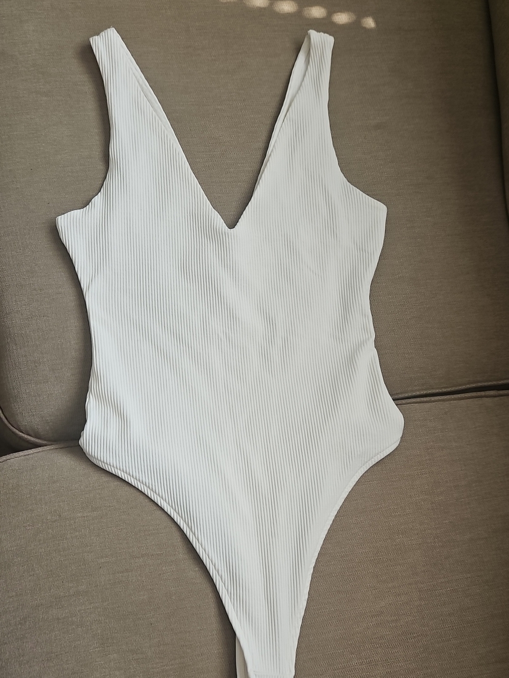 Bershka White Ribbed V-Neck One-Piece Bodysuit Tank Top Sleeveless